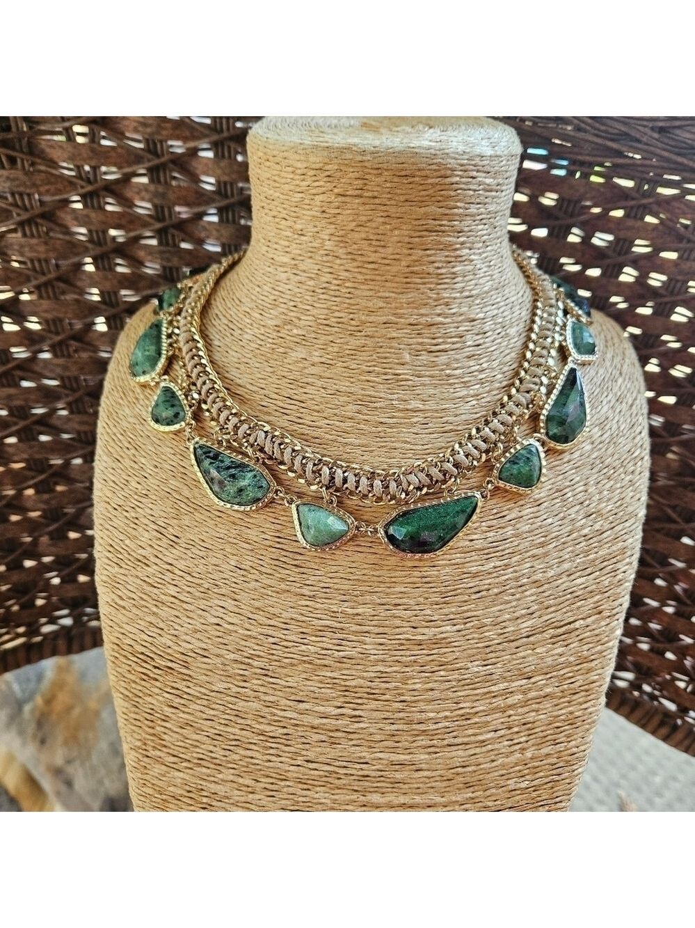 BCBGMAXAZRIA African Jade Color Stone and Woven-chain Collar Necklace